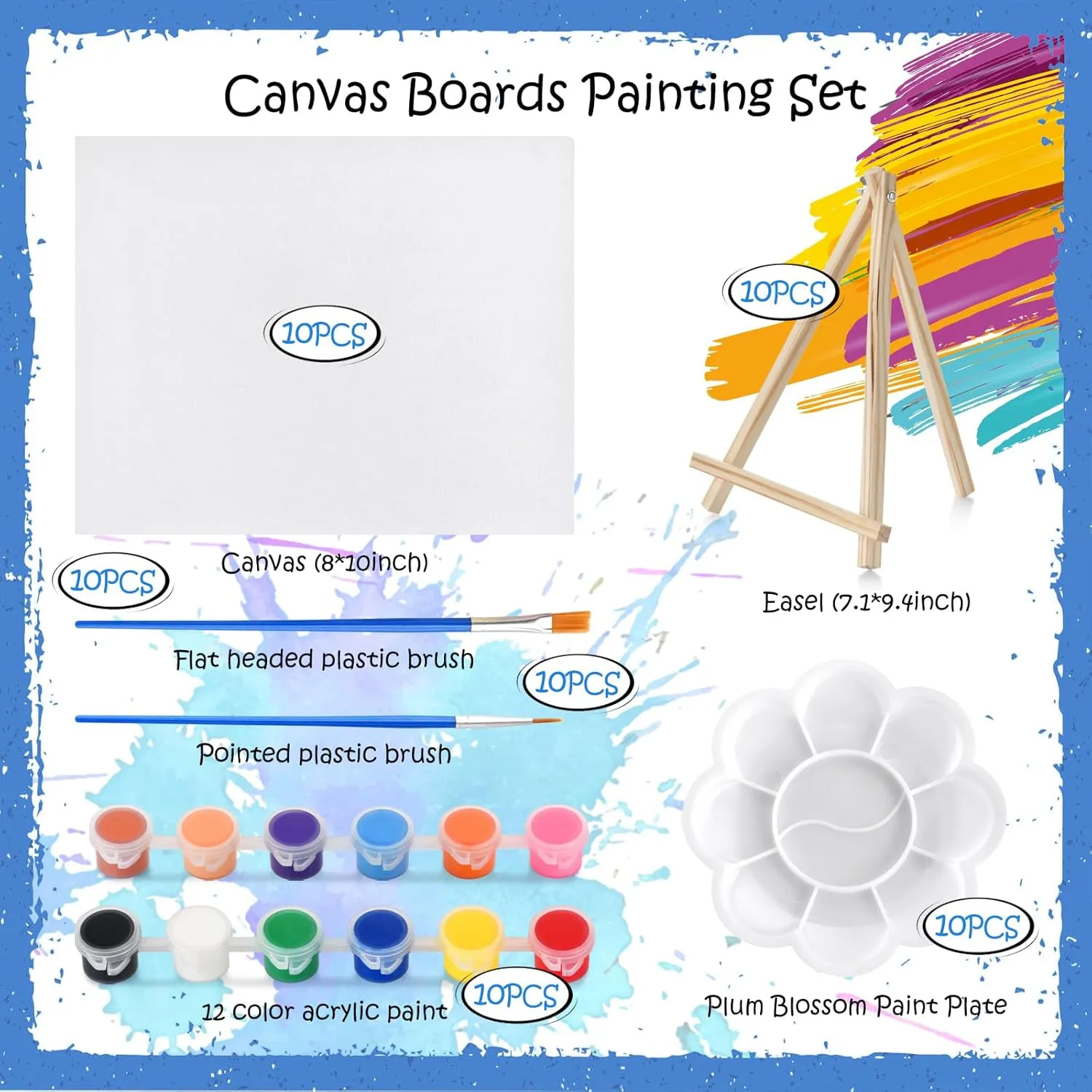 10 Set Acrylic Paint Canvas Set – 8x10 Inch Mini Canvas Painting Kit with 10 Wood Easels, 20 Brushes, 12 Paint Sticks, 10 Palettes – Art Supplies for Kids & Beginners, Ideal for Parties & DIY Painting