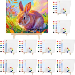10 Set Acrylic Paint Canvas Set – 8x10 Inch Mini Canvas Painting Kit with 10 Wood Easels, 20 Brushes, 12 Paint Sticks, 10 Palettes – Art Supplies for Kids & Beginners, Ideal for Parties & DIY Painting