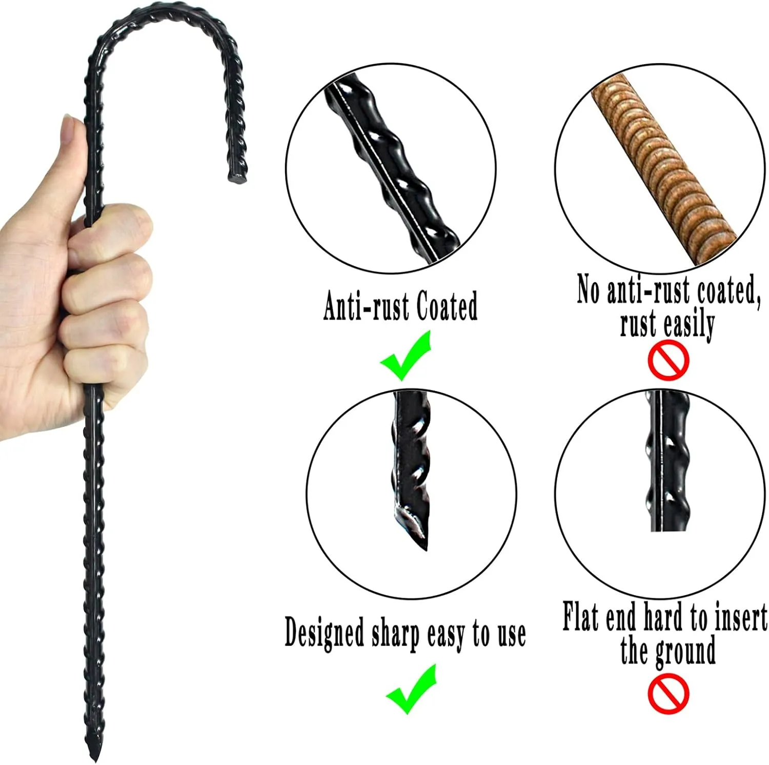 12 Inch Rebar Stakes Heavy Duty J Hook, Coated Steel Ground Stakes Tent Stakes Ground Anchors for Chain Link Fence Stakes and Trampoline Stakes (6), Black