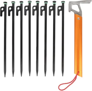 30cm Camping Stakes with Fluorescent Rings, Large Flat Pegs, Aluminum Hammer for Tents Awnings, and Tarps