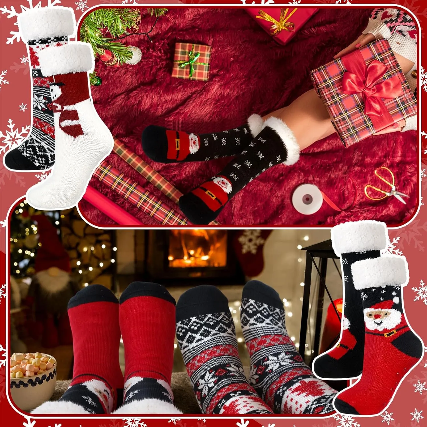 4 Packs Christmas Fuzzy Slipper Socks Xmas Fluffy Sherpa Thermal Socks with Grippers for Women men