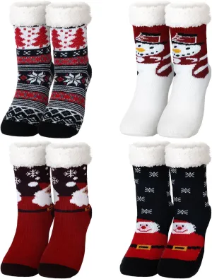 4 Packs Christmas Fuzzy Slipper Socks Xmas Fluffy Sherpa Thermal Socks with Grippers for Women men