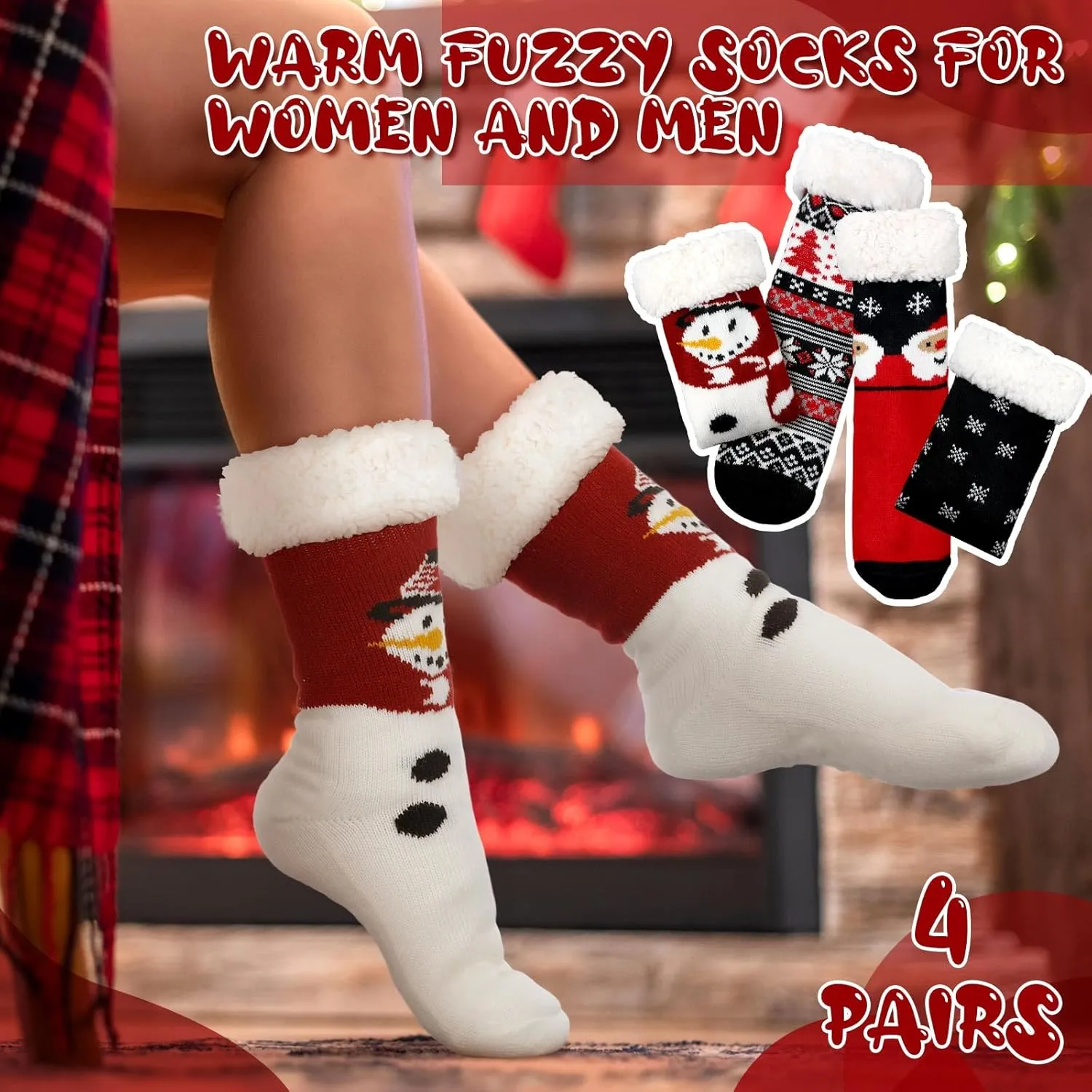 4 Packs Christmas Fuzzy Slipper Socks Xmas Fluffy Sherpa Thermal Socks with Grippers for Women men