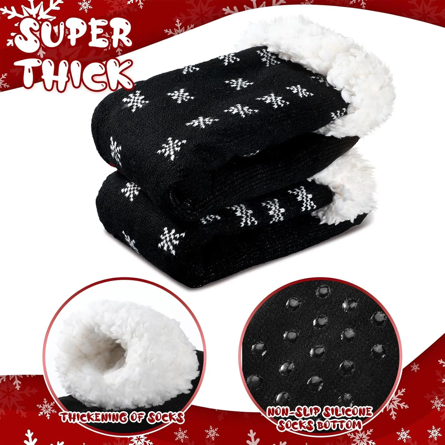 4 Packs Christmas Fuzzy Slipper Socks Xmas Fluffy Sherpa Thermal Socks with Grippers for Women men