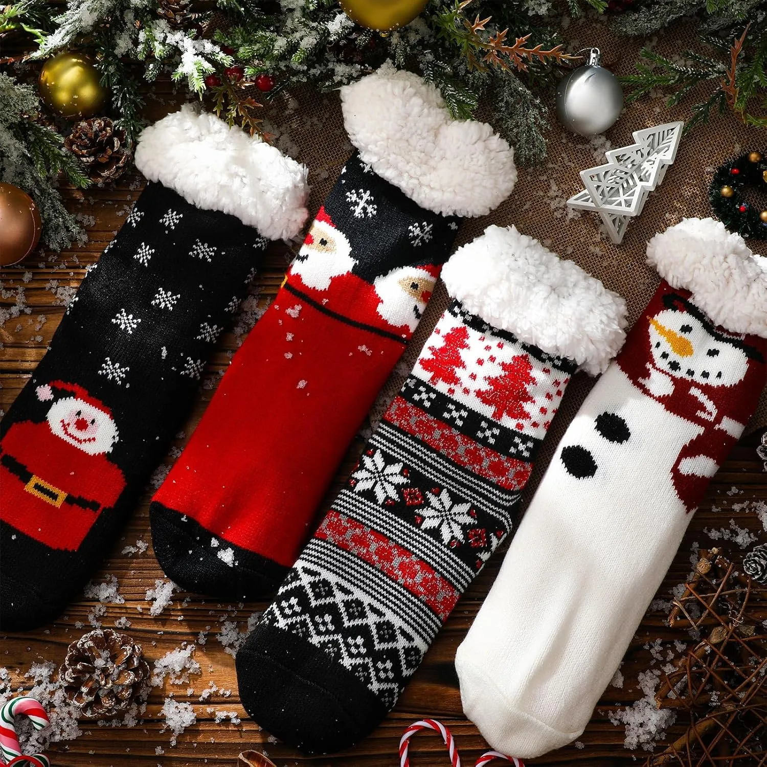 4 Packs Christmas Fuzzy Slipper Socks Xmas Fluffy Sherpa Thermal Socks with Grippers for Women men