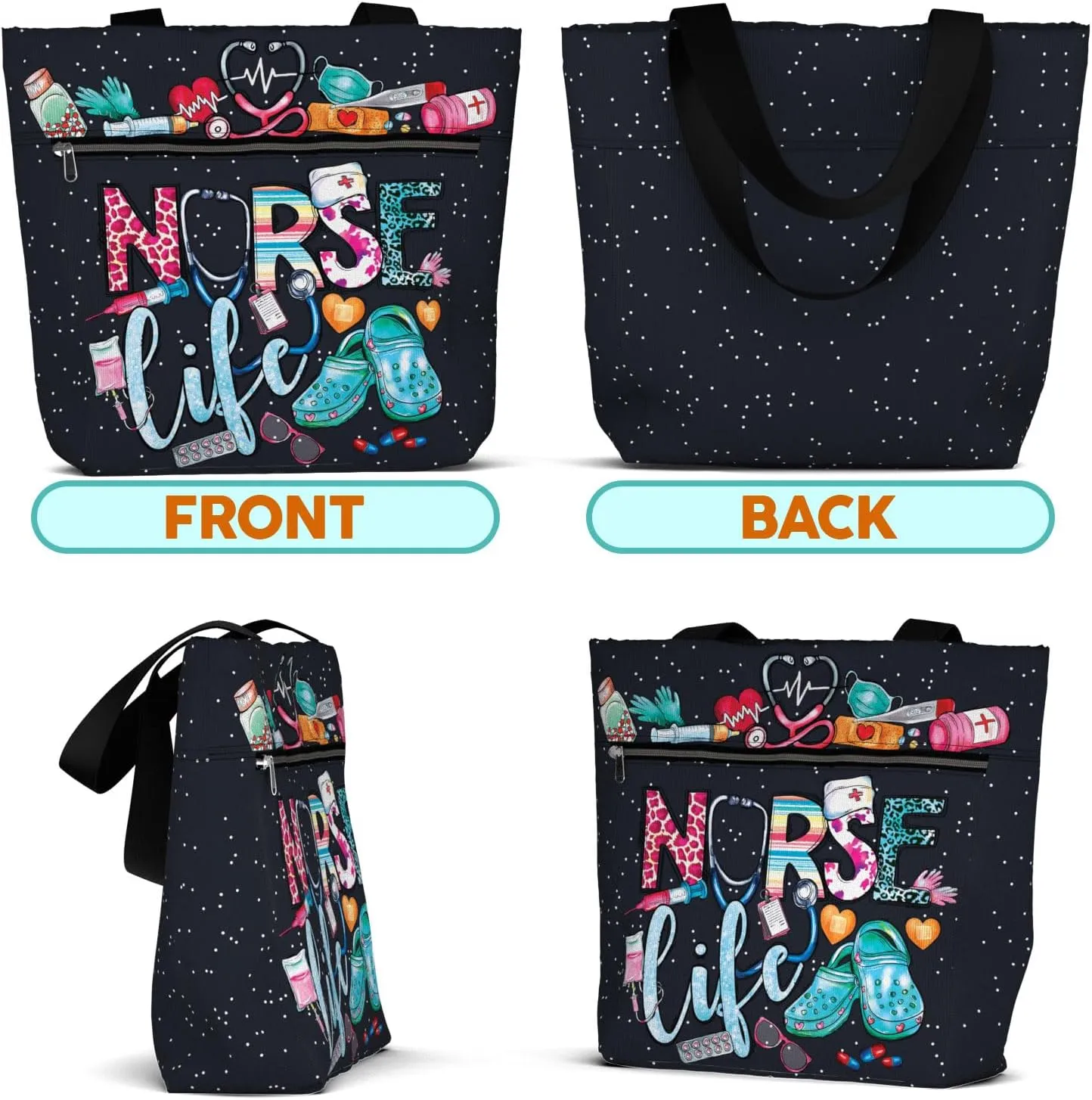84hoods Large Waterproof Tote Bag with Pockets and Zipper for Work. Gift for Nurse. Shoulder Bag for Women.