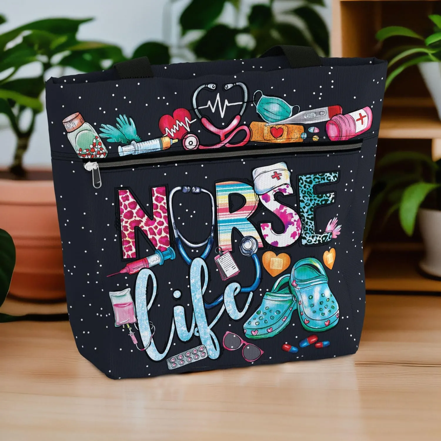 84hoods Large Waterproof Tote Bag with Pockets and Zipper for Work. Gift for Nurse. Shoulder Bag for Women.