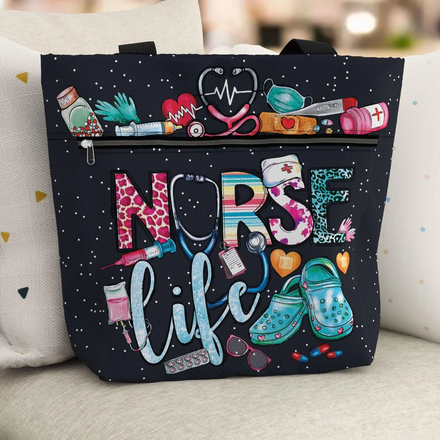 84hoods Large Waterproof Tote Bag with Pockets and Zipper for Work. Gift for Nurse. Shoulder Bag for Women.