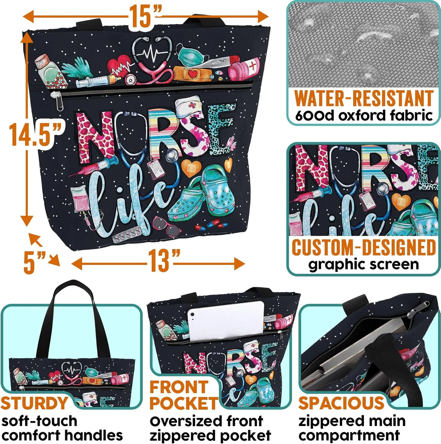 84hoods Large Waterproof Tote Bag with Pockets and Zipper for Work. Gift for Nurse. Shoulder Bag for Women.