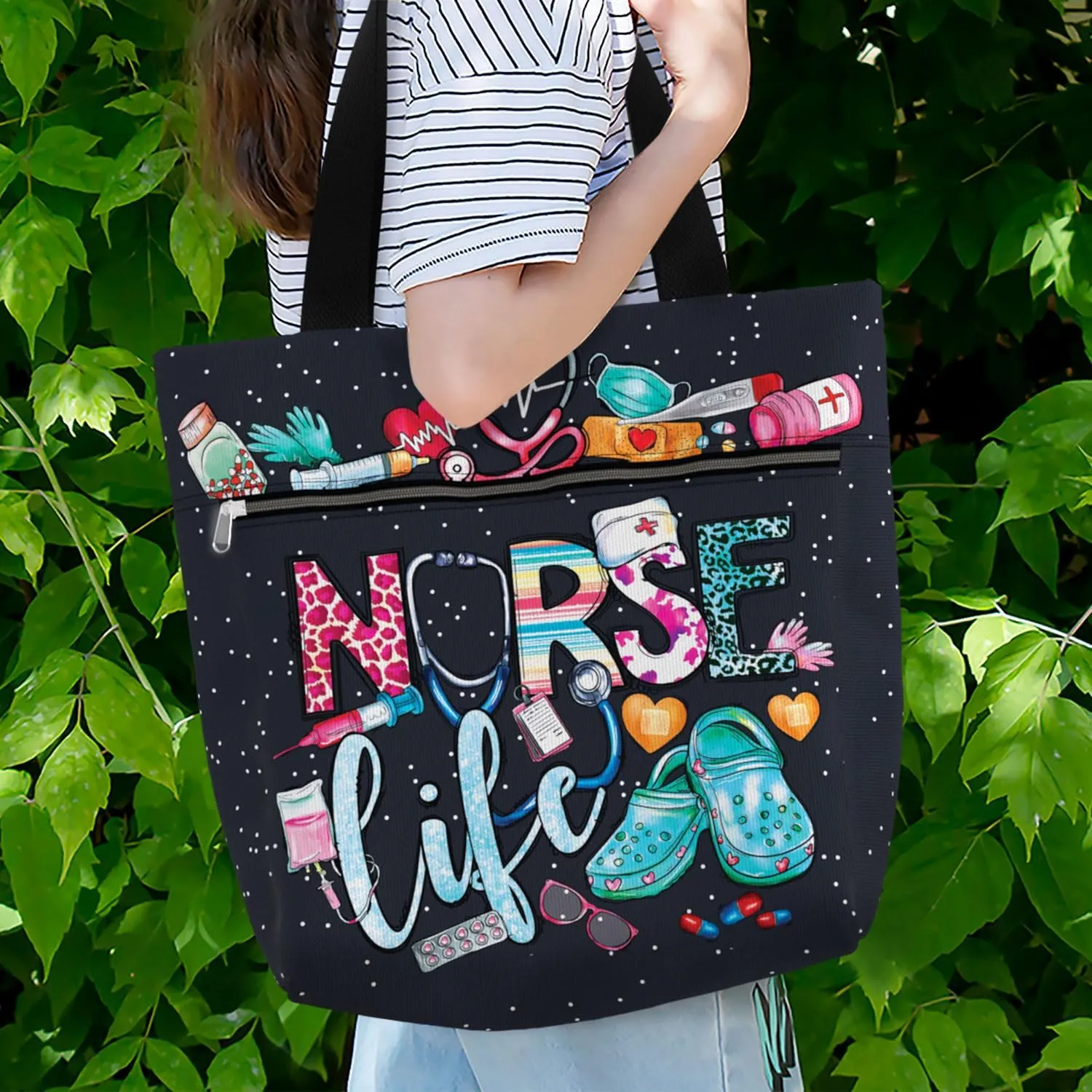 84hoods Large Waterproof Tote Bag with Pockets and Zipper for Work. Gift for Nurse. Shoulder Bag for Women.