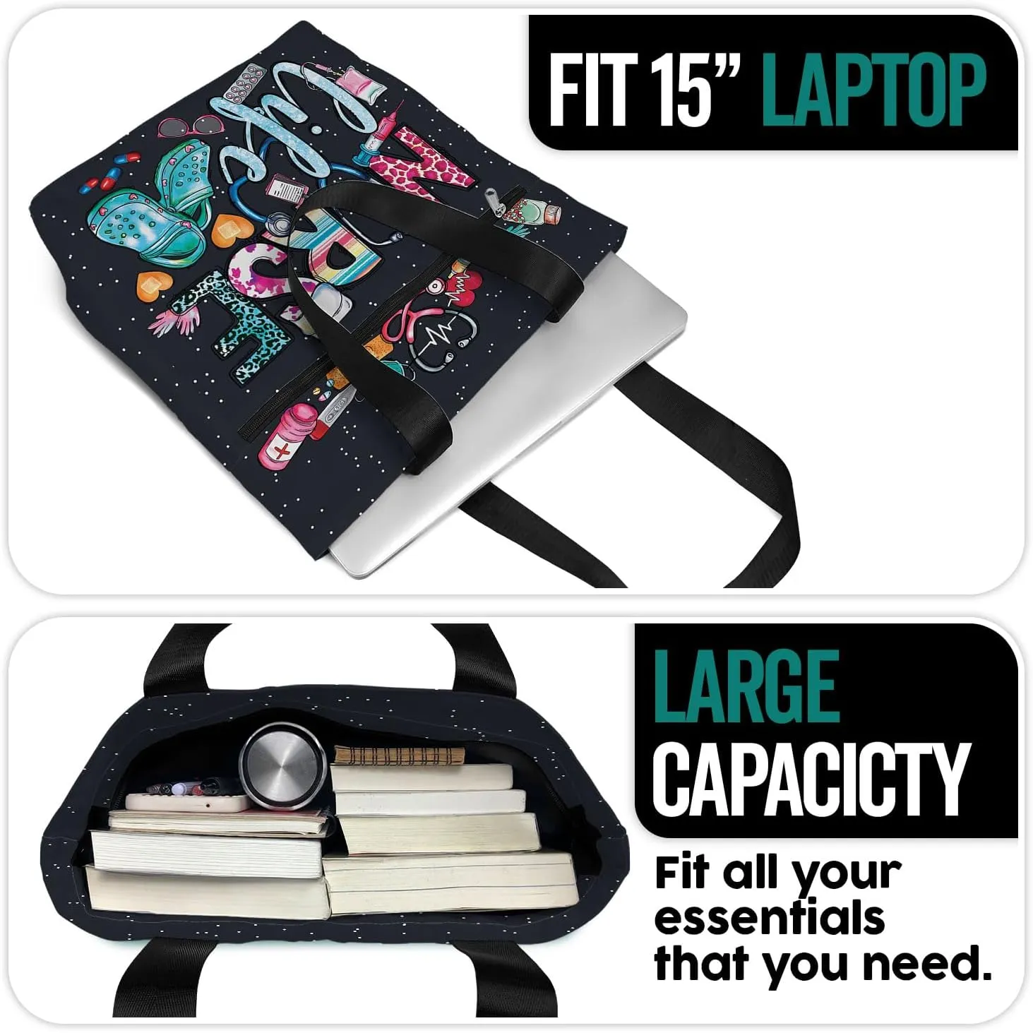 84hoods Large Waterproof Tote Bag with Pockets and Zipper for Work. Gift for Nurse. Shoulder Bag for Women.