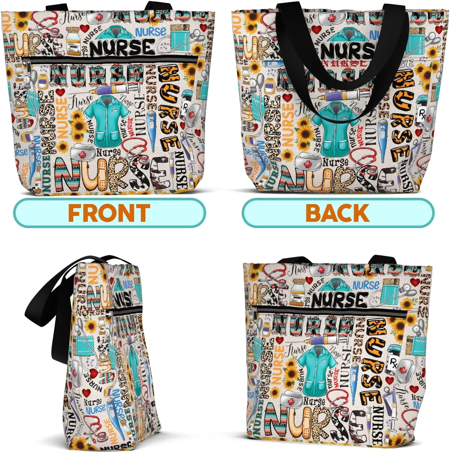 84hoods Large Waterproof Tote Bag with Pockets and Zipper for Work. Gift for Nurse. Shoulder Bag for Women.