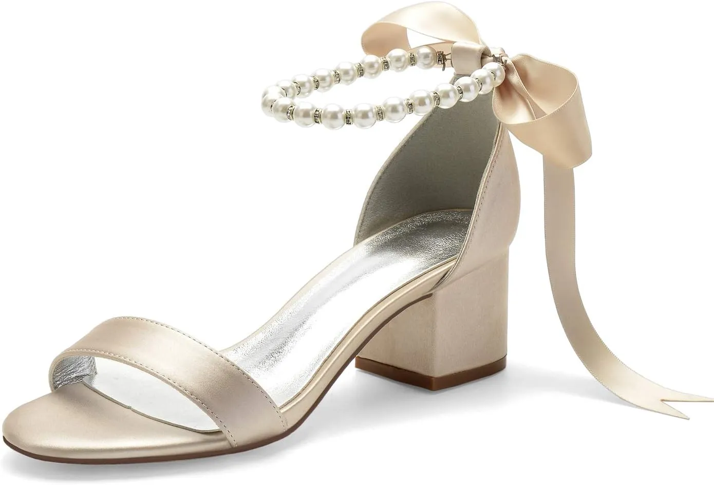 ADMLZQQ High Block Heel Wedding Sandals for Bride Ankle Strap Pearl Satin Women Heeled Sandal Open Toe Bridal Shoes