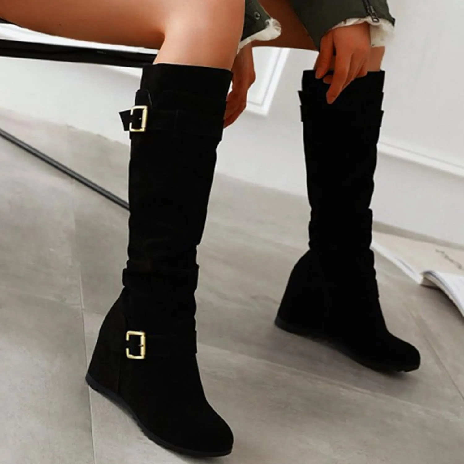 AMDBEL Boots for Women Knee High Wide Calf Boots Chunky Heel Boots Suede Pointed Toe Slip On Wedge Boots Fall Winter Shoes