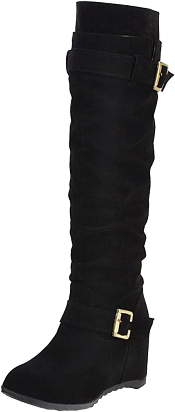 AMDBEL Boots for Women Knee High Wide Calf Boots Chunky Heel Boots Suede Pointed Toe Slip On Wedge Boots Fall Winter Shoes