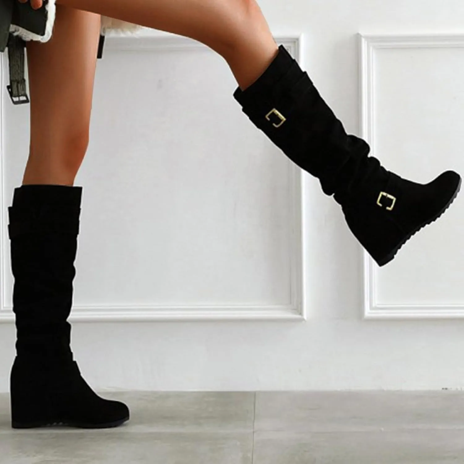 AMDBEL Boots for Women Knee High Wide Calf Boots Chunky Heel Boots Suede Pointed Toe Slip On Wedge Boots Fall Winter Shoes