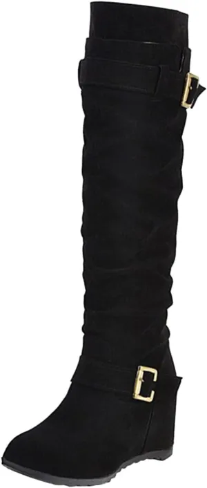 AMDBEL Boots for Women Knee High Wide Calf Boots Chunky Heel Boots Suede Pointed Toe Slip On Wedge Boots Fall Winter Shoes