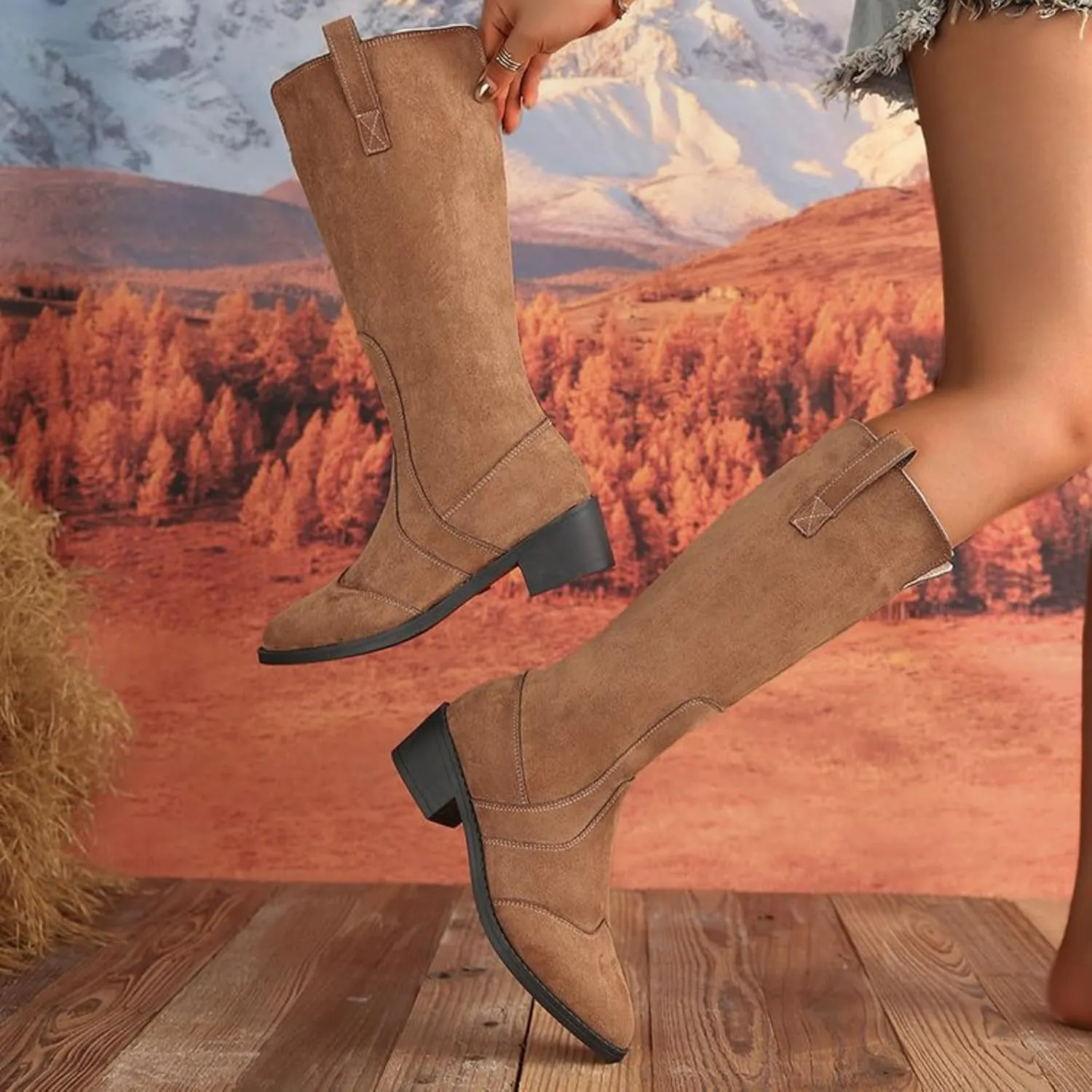 AMDBEL Mid Calf Boots for Women Low Heel Fall Boots for Women 2024 Casual Slip On Pointed Toe Long Boot Fashion Booties Shoes