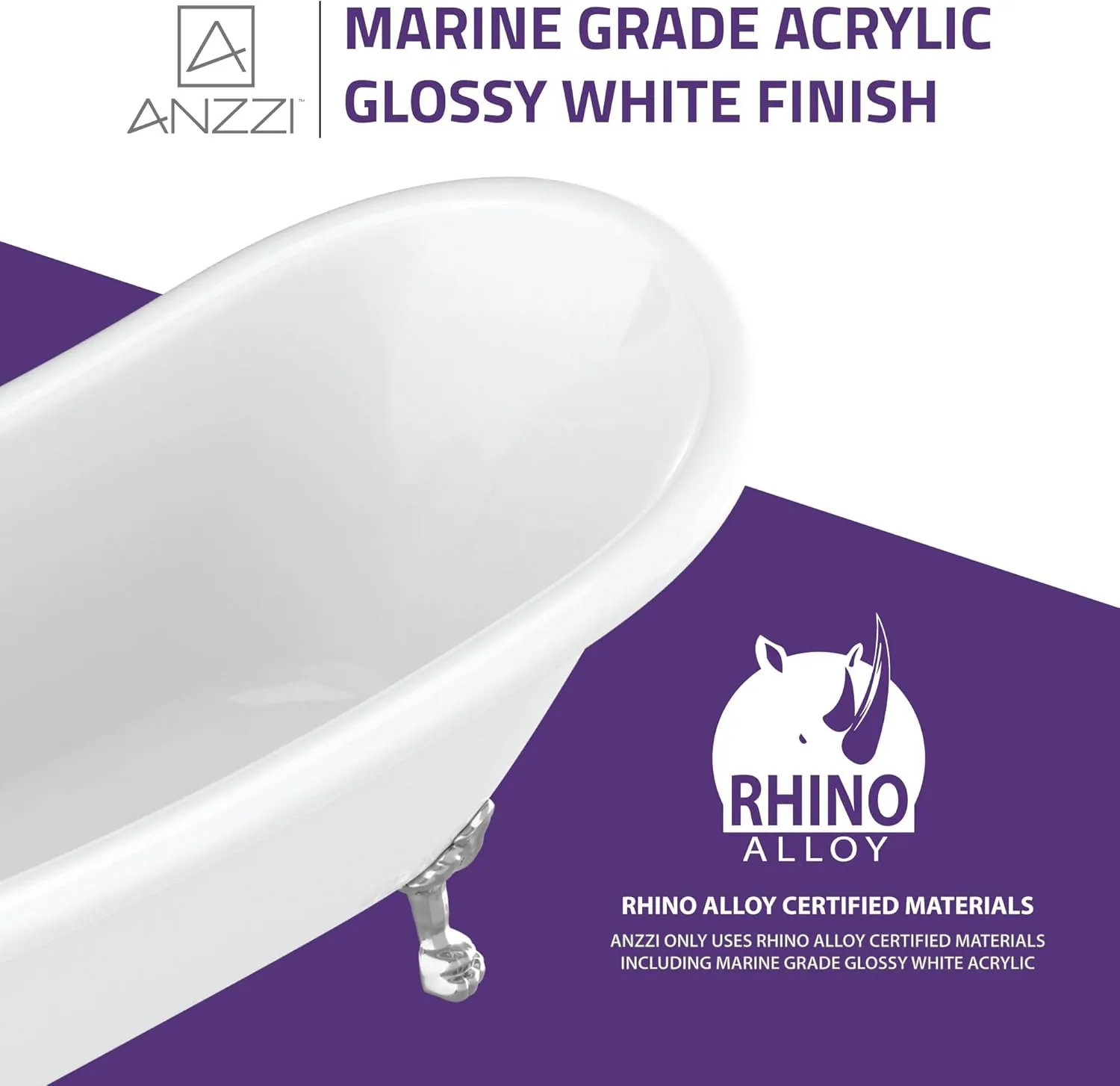 ANZZI Clawfoot Series One Piece Diamante Slipper-Style Acrylic Tub in White| 67.32 in. L x 29.53 in. W x 30.91 in. H | FT-CF131LXFT-CH