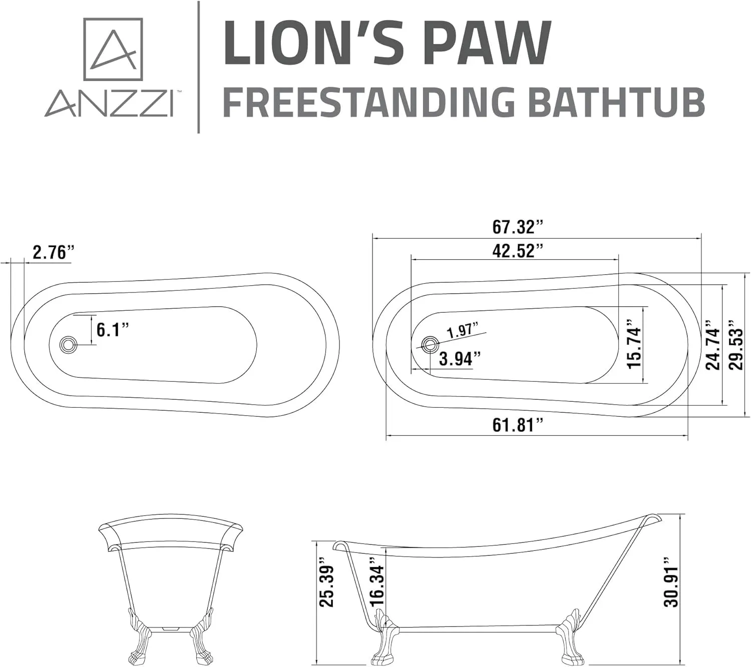 ANZZI Clawfoot Series One Piece Diamante Slipper-Style Acrylic Tub in White| 67.32 in. L x 29.53 in. W x 30.91 in. H | FT-CF131LXFT-CH