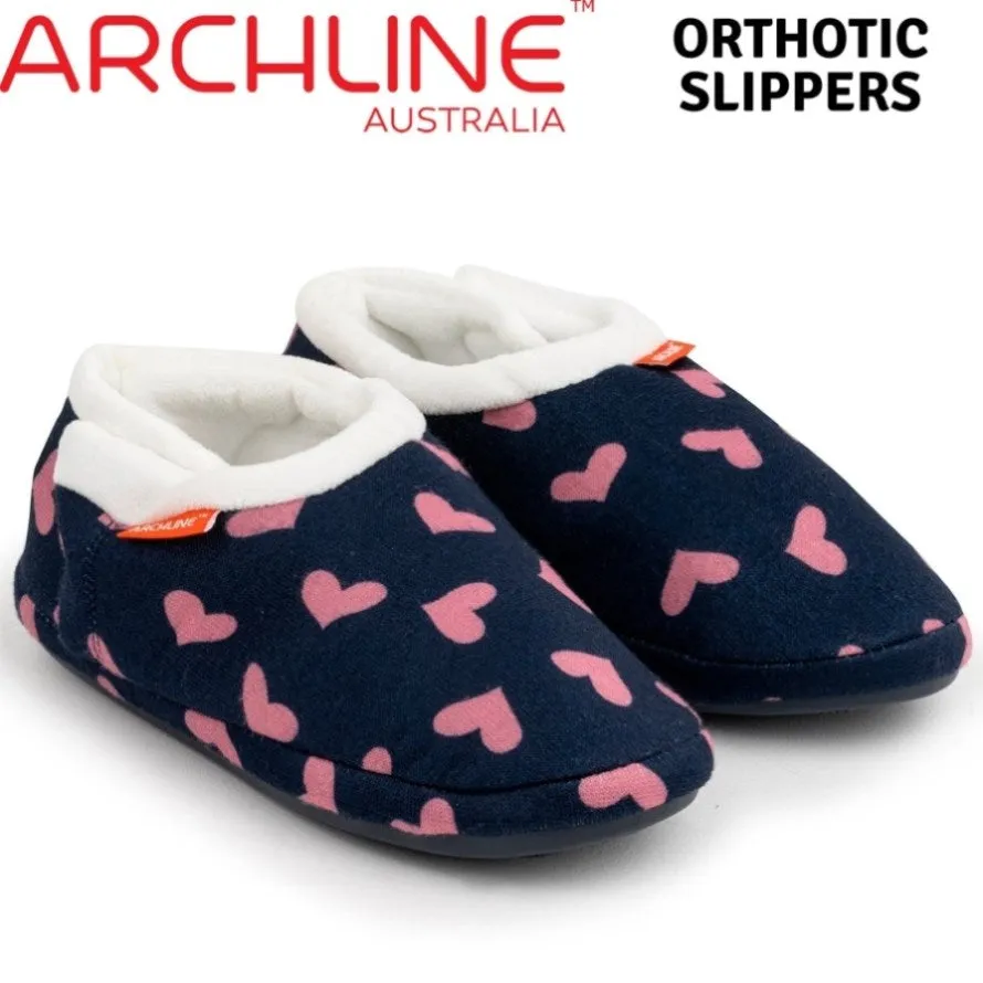 ARCHLINE Orthotic Slippers CLOSED Arch Scuffs Moccasins Pain Relief in Navy Hearts - EUR39 V563-AS401-NVYHRT-39