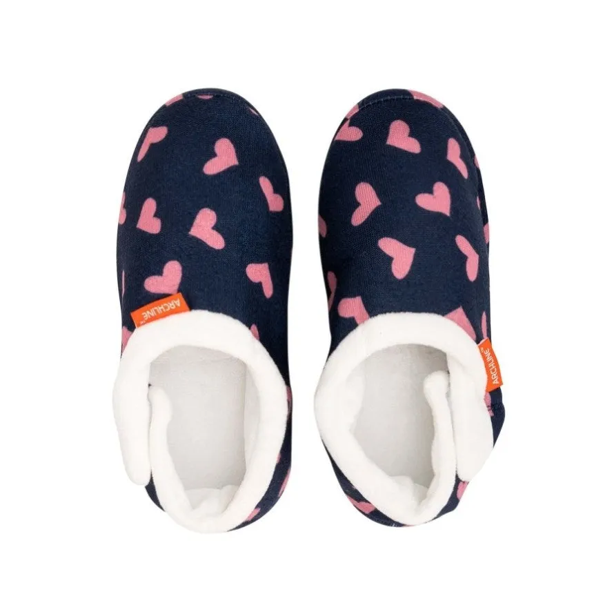 ARCHLINE Orthotic Slippers CLOSED Arch Scuffs Moccasins Pain Relief in Navy Hearts - EUR39 V563-AS401-NVYHRT-39