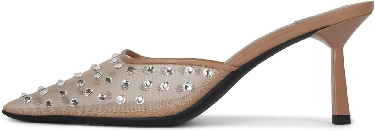 Arqa Crystal Embellished Mesh Heeled Mule for Women Pointed Toe Stiletto Heel Slide Sandals