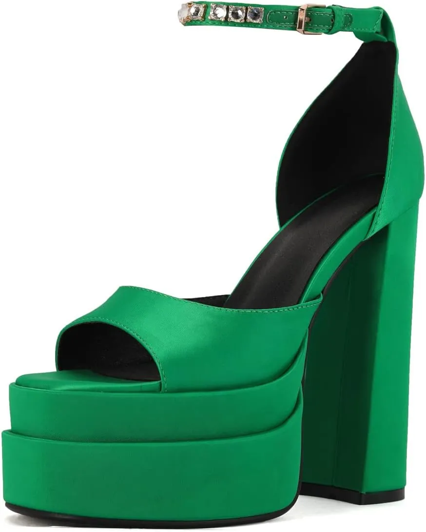 Arqa Platform Sandals Rhinestones Ankle Strap Pumps Peep Toe Silk High Heels Wedding Dres Chunky Heeled Sandal