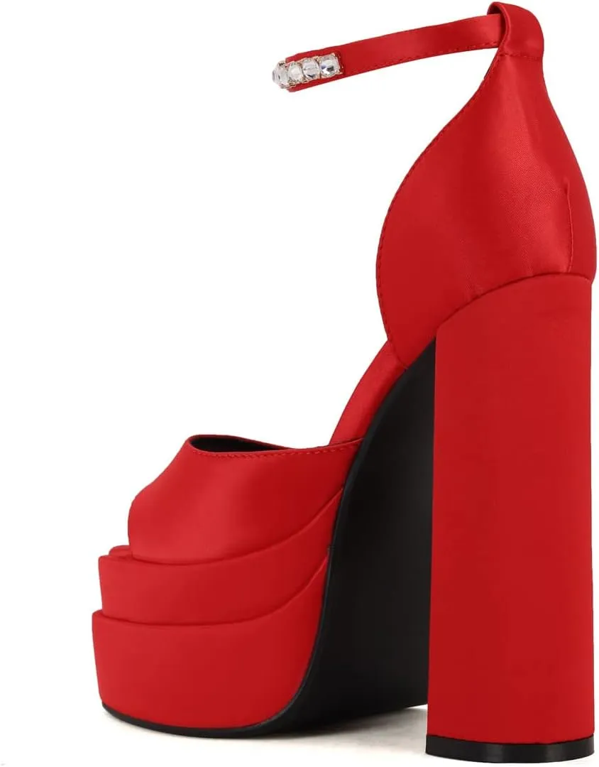 Arqa Platform Sandals Rhinestones Ankle Strap Pumps Peep Toe Silk High Heels Wedding Dres Chunky Heeled Sandal