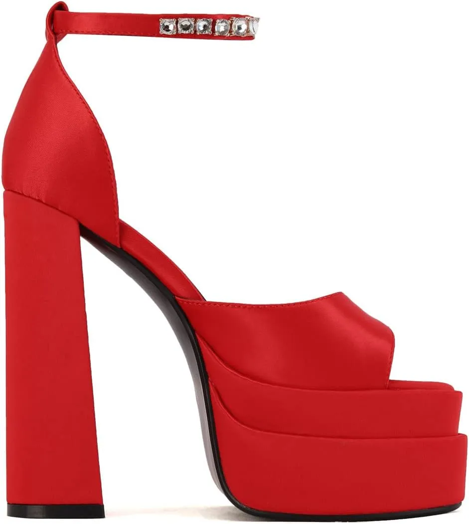 Arqa Platform Sandals Rhinestones Ankle Strap Pumps Peep Toe Silk High Heels Wedding Dres Chunky Heeled Sandal