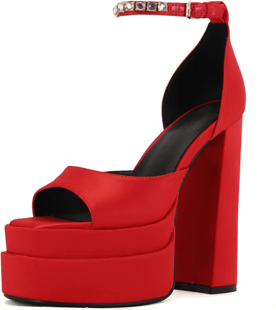Arqa Platform Sandals Rhinestones Ankle Strap Pumps Peep Toe Silk High Heels Wedding Dres Chunky Heeled Sandal