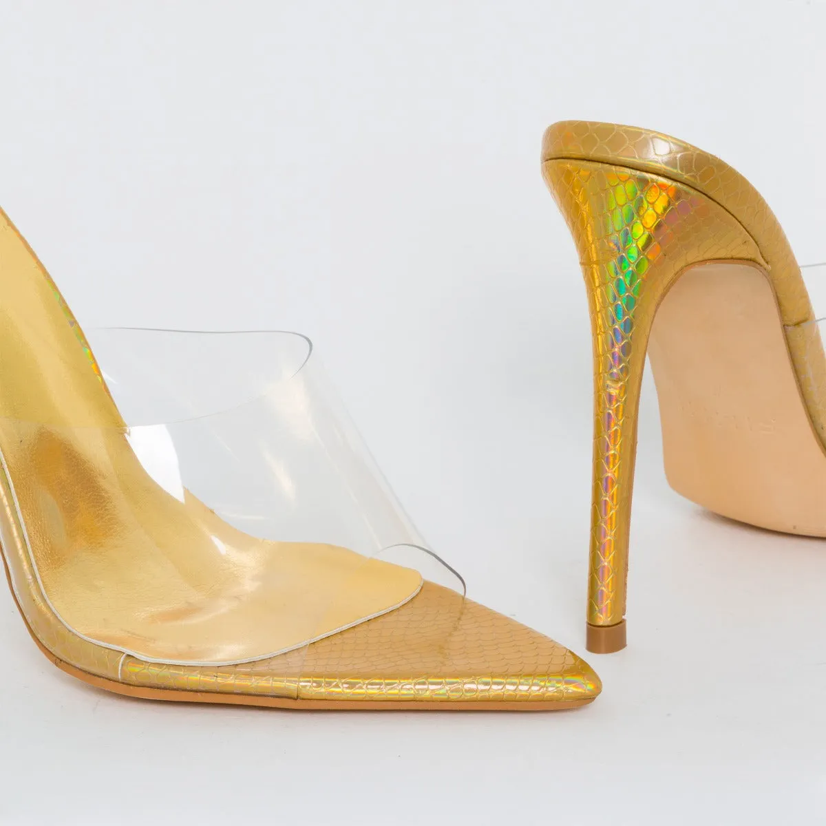 Ayla Clear Gold Iridescent Snake Print Stiletto Mules
