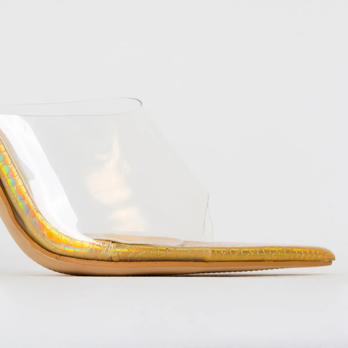 Ayla Clear Gold Iridescent Snake Print Stiletto Mules