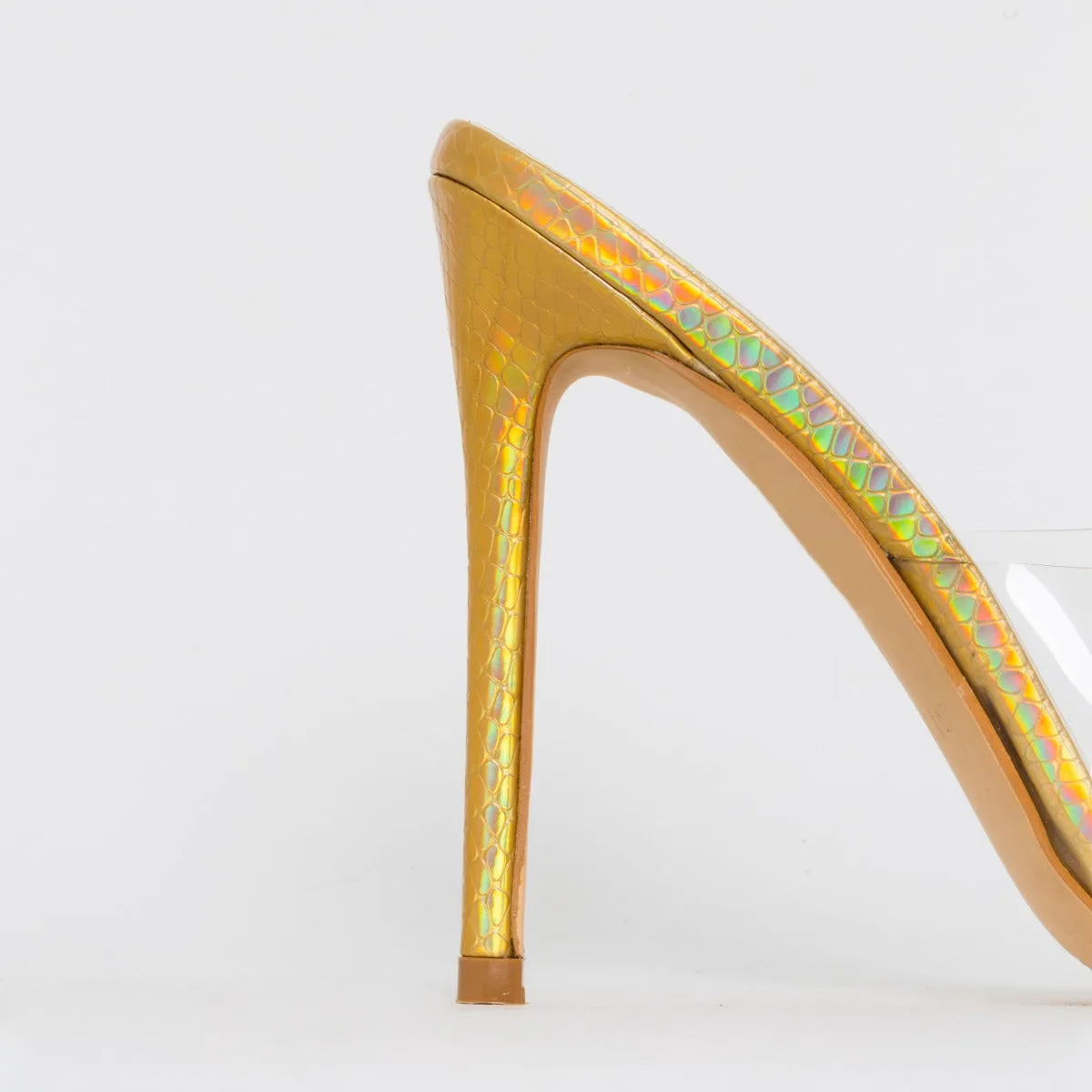 Ayla Clear Gold Iridescent Snake Print Stiletto Mules