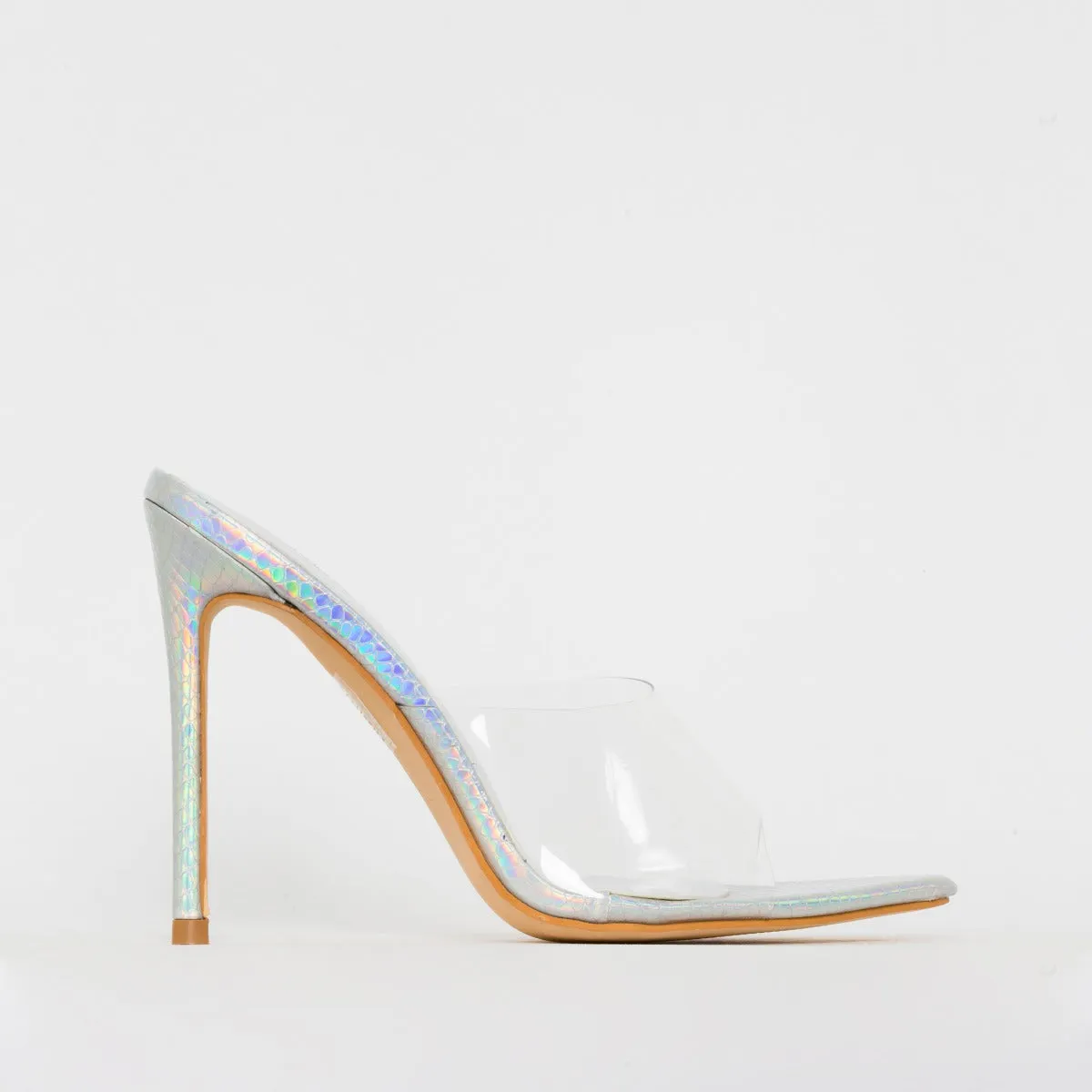 Ayla Clear Silver Iridescent Snake Print Stiletto Mules