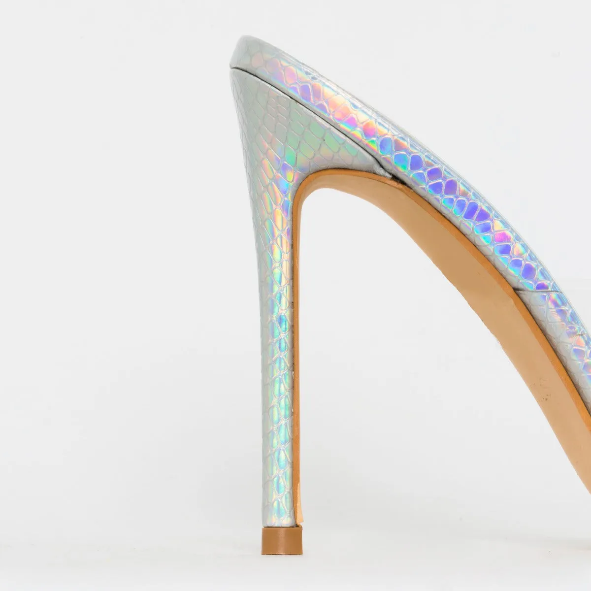 Ayla Clear Silver Iridescent Snake Print Stiletto Mules
