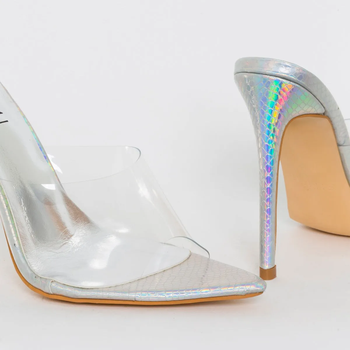 Ayla Clear Silver Iridescent Snake Print Stiletto Mules