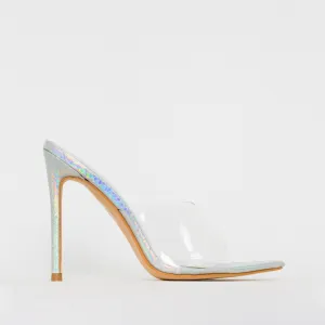Ayla Clear Silver Iridescent Snake Print Stiletto Mules