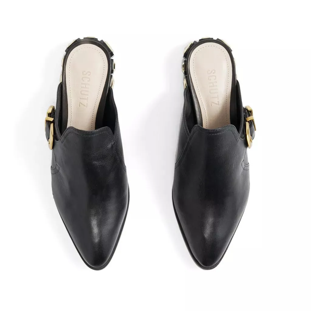 Black Mules Slip-on Sandal Schutz Accent Slide Multi-functional Pointed Jewel Toe Automation-ready Aleeza Flat