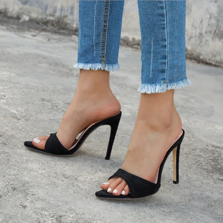 Black Pointed Toe Stiletto Mules