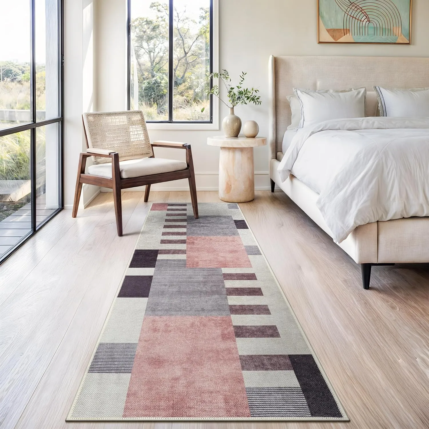 Bloom Rugs Washable Non-Slip 7 ft Runner - Beige/Pink Modern Geometric Runner for Entryway, Hallway, Bathroom, and Kitchen - Exact Size: 2.5' x 7'