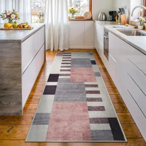 Bloom Rugs Washable Non-Slip 7 ft Runner - Beige/Pink Modern Geometric Runner for Entryway, Hallway, Bathroom, and Kitchen - Exact Size: 2.5' x 7'
