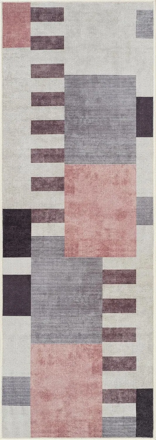 Bloom Rugs Washable Non-Slip 7 ft Runner - Beige/Pink Modern Geometric Runner for Entryway, Hallway, Bathroom, and Kitchen - Exact Size: 2.5' x 7'