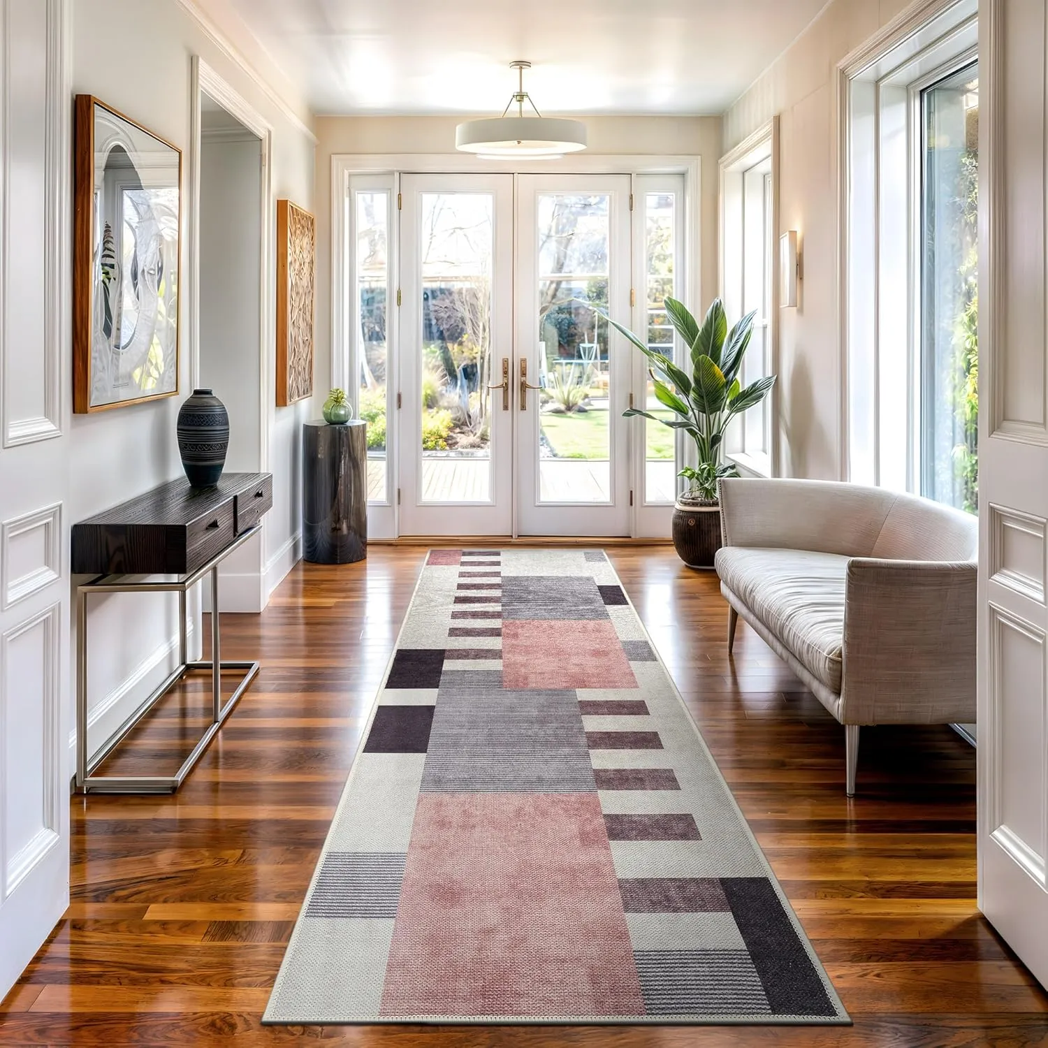 Bloom Rugs Washable Non-Slip 7 ft Runner - Beige/Pink Modern Geometric Runner for Entryway, Hallway, Bathroom, and Kitchen - Exact Size: 2.5' x 7'
