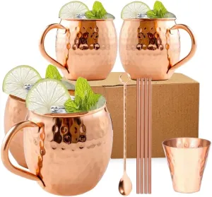 BOLD & DIVINE Moscow Mule Mugs - Set of 4-100% Pure Copper Mugs Large 16 oz - Food Safe - Premium Moscow Mule Cups Set of 4 | BONUS 4 Straws, 1 Shot Glass