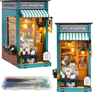 Book Nook DIY Kit for Teens and Adults, Miniature Booknook Dollhouse with LED, 3D Wooden Bookshelf Decor, Handmade Dioramas Bookend Craft Gifts for Birthday, Graduation, Halloween (Soul Bookstore)