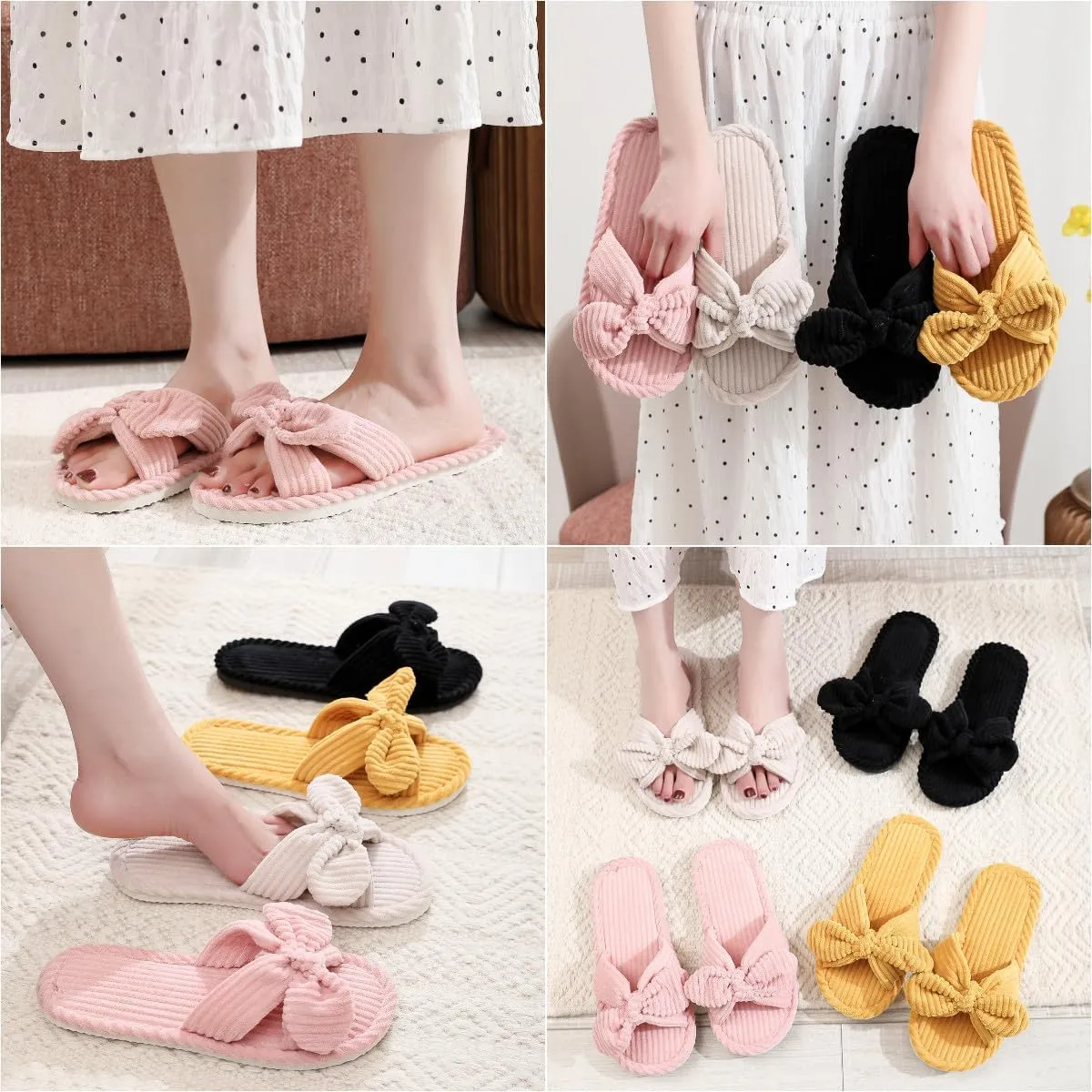 Bow Knot Slippers Women Cute Corduroy Slipper Preppy Kawaii House Slipper Comfy House Slides Open Toe Sandals Bedroom Shoes EVA Sole Cozy Indoor Outdoor Home Slipper