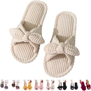 Bow Knot Slippers Women Cute Corduroy Slipper Preppy Kawaii House Slipper Comfy House Slides Open Toe Sandals Bedroom Shoes EVA Sole Cozy Indoor Outdoor Home Slipper