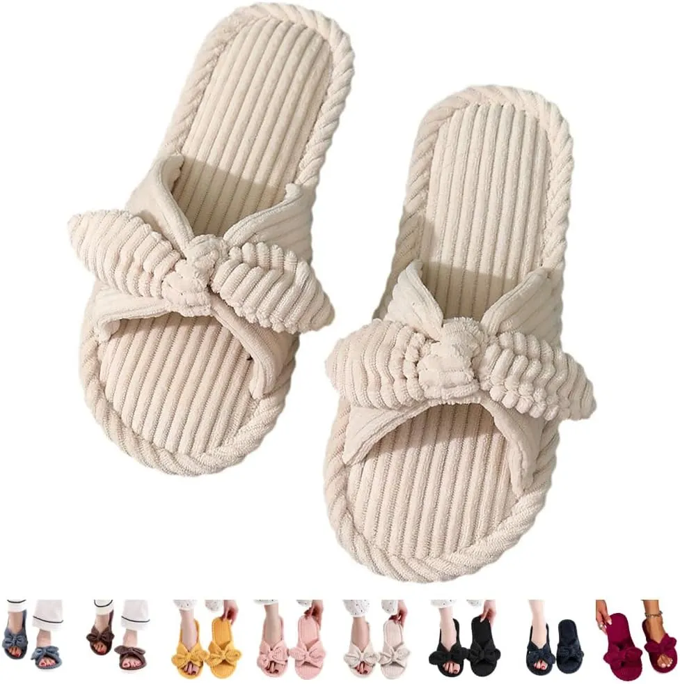 Bow Knot Slippers Women Cute Corduroy Slipper Preppy Kawaii House Slipper Comfy House Slides Open Toe Sandals Bedroom Shoes EVA Sole Cozy Indoor Outdoor Home Slipper