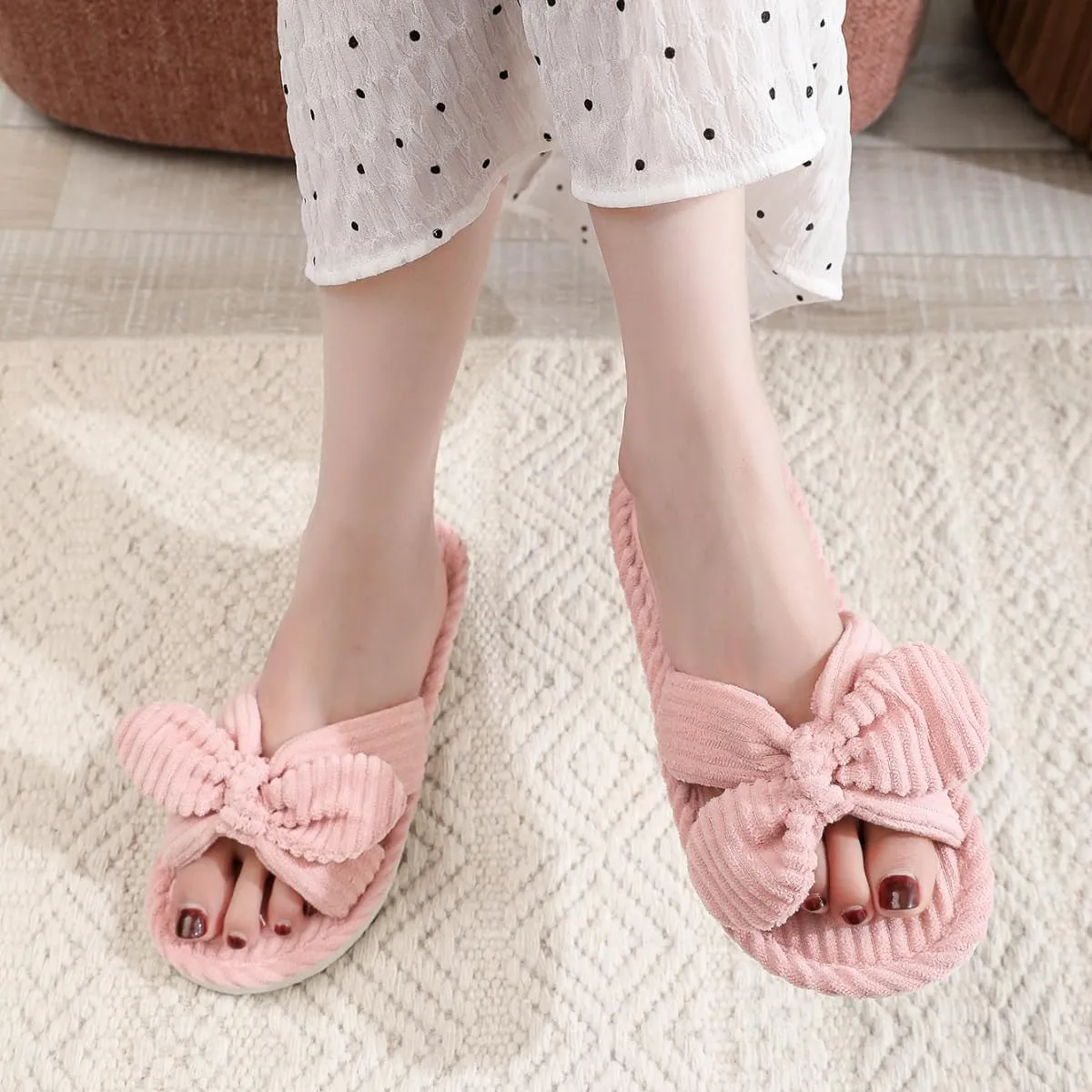 Bow Knot Slippers Women Cute Corduroy Slipper Preppy Kawaii House Slipper Comfy House Slides Open Toe Sandals Bedroom Shoes EVA Sole Cozy Indoor Outdoor Home Slipper